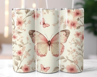 Butterfly Tumbler Wrap: Spring Floral 20 oz Skinny Tumbler (PNG Digital Download)