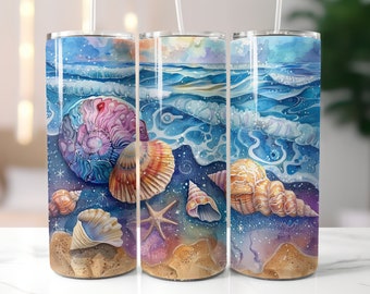 Seashells Beach 20oz Tumbler Wrap, Summer Sublimation Design (Digital Download PNG)