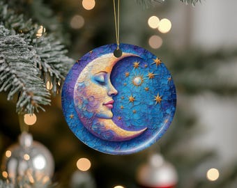 Moon and Stars Ceramic Christmas Ornament, Mystic Lunar Gift