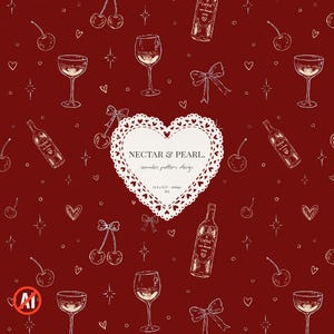 May include: A seamless pattern design on a deep red background, featuring wine glasses, wine bottles, cherries, bows, hearts, and starbursts. A heart-shaped doily in the centre reads "NECTAR & PEARL." The design is a repeating pattern.