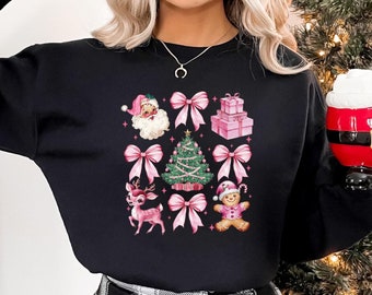 Sweat-shirt de Noël rose, sweat-shirt joyeux Noël, sweat à capuche avec noeud coquette de Noël, cadeau de vacances unique, pull doodles de Noël, sweat à capuche de Noël
