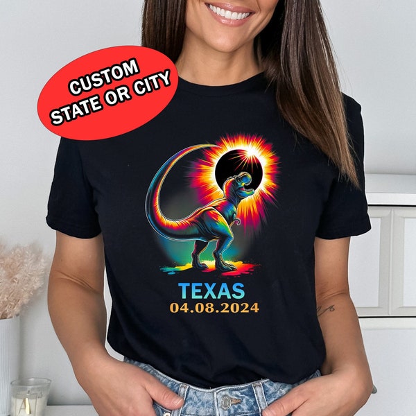 Total Solar Dinosaur Eclipse 2024 Shirt, Custom City or State Shirt, Dinosaur Shirt, Astronomy Gift, Celestial Shirt, Custom Eclipse Tee