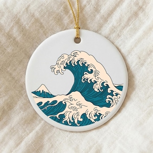 Japanese Great Wave Ornament, Ocean Wave Ceramic Ornament, Beach Lover Gift