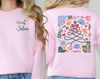 Sweat personnalisé Noël infirmière, sweat stéthoscope arbre de Noël infirmière, sweat à capuche floral infirmière, cadeau infirmière, sweat nom infirmière