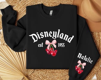 Custom Disneyland Est 1955 Sweatshirt or Hoodie, Disneyland Cherry Sweatshirt, Personalized Disney Trip Hoodie, Disney Coquette Bow Sweater