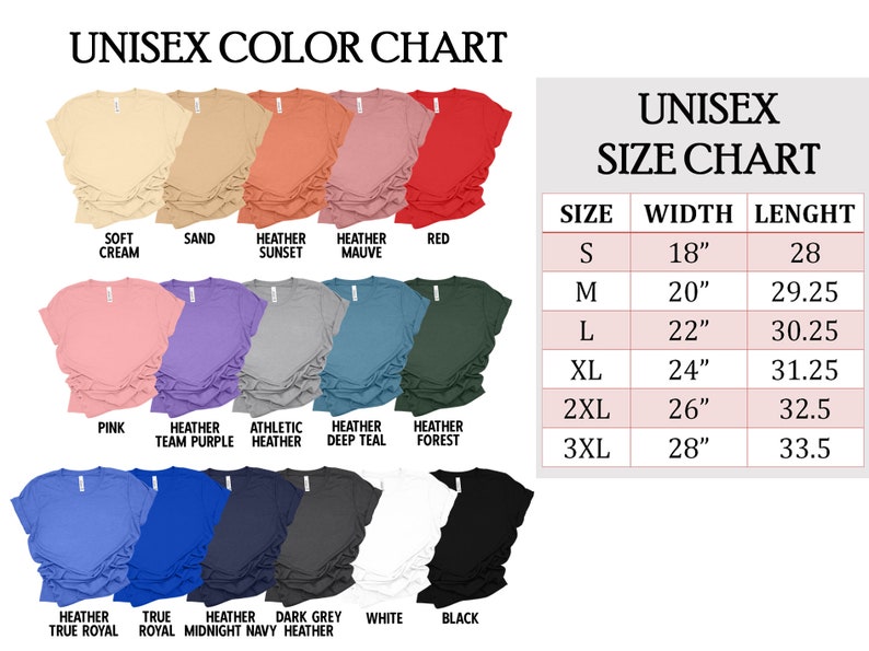 Shirt Color and Size Chart