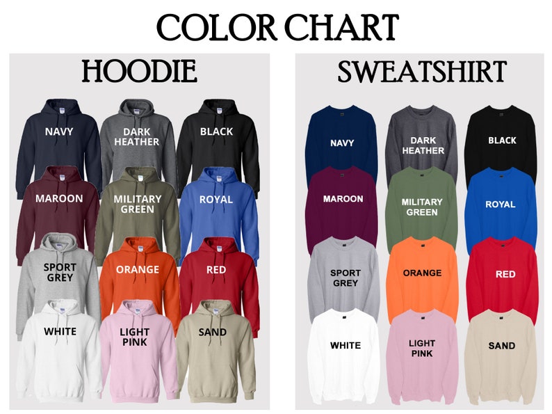 Hoodie and Sweatshirt Color Chart