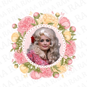 May include: A portrait of a woman with blonde hair and a red flower in her hair. She is wearing a pink and red shirt. The portrait is surrounded by pink and yellow flowers.