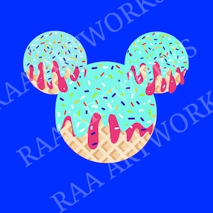 May include: A whimsical illustration of a Mickey Mouse-shaped ice cream cone on a blue background. The ice cream is light blue with colorful sprinkles and pink drizzles. The cone has a waffle pattern. The words "RAA ART WORK" are printed around the image.