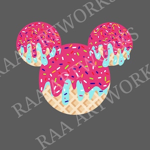May include: A whimsical illustration of a Mickey Mouse-shaped waffle, with pink frosting, colorful sprinkles, and blue icing drips. The waffle ears and head are on a gray background. The image has the text "RAA ARTWORK" in the corners.