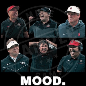 May include: A collage of six images of a man in various expressions, wearing a visor or cap, and a black shirt with the Georgia Bulldogs logo. The word "MOOD." is at the bottom in white text.