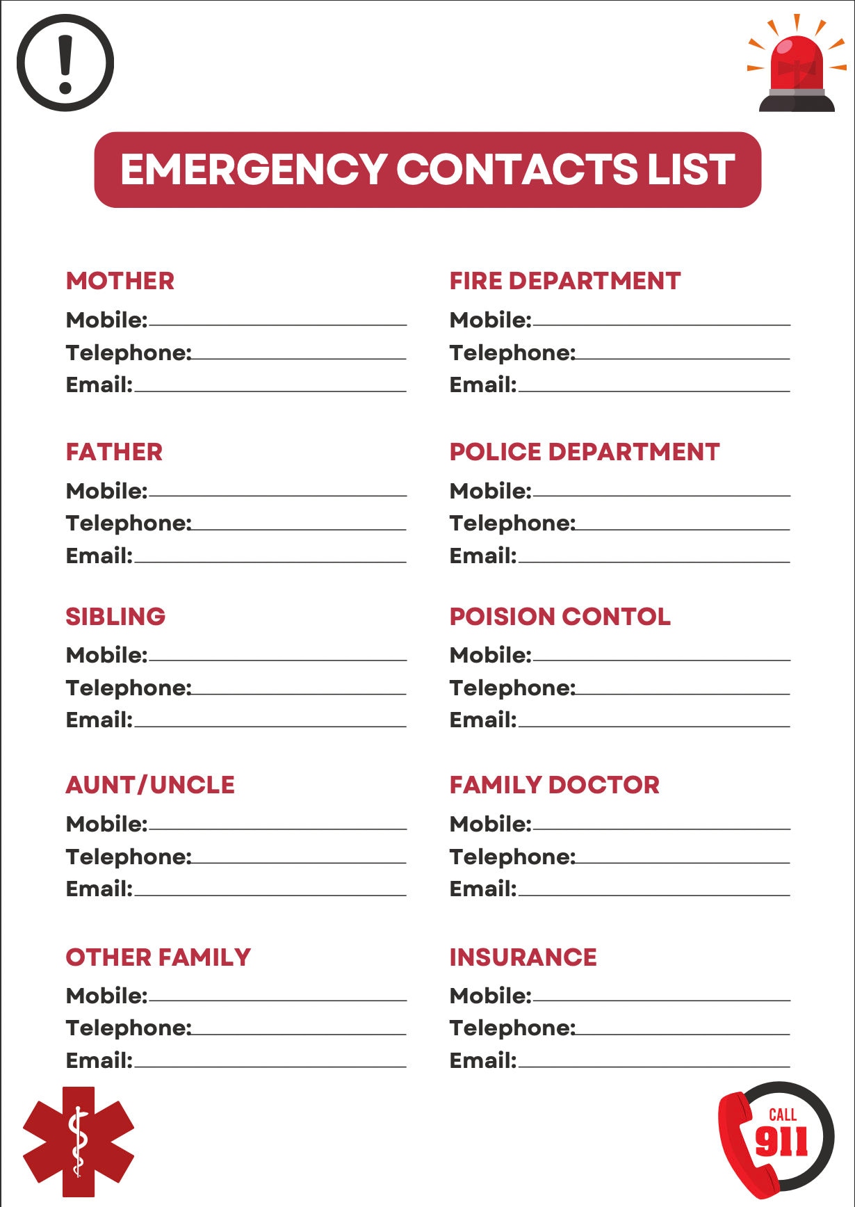 Emergency Contact List Emergency Information List Etsy Emergency Contact List Emergency Information List Etsy