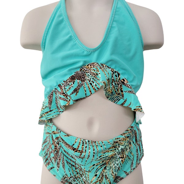 Swimwear Aqua Color Trikini Brown Leaf for Girls Size 8 and 12