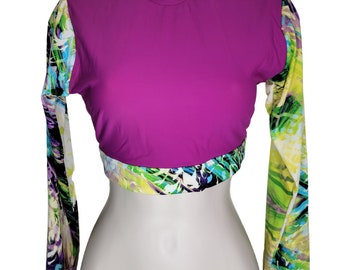 Gym Print Colors Long Sleeves Open Back with Clip Magenta Top for Medium or Large Women