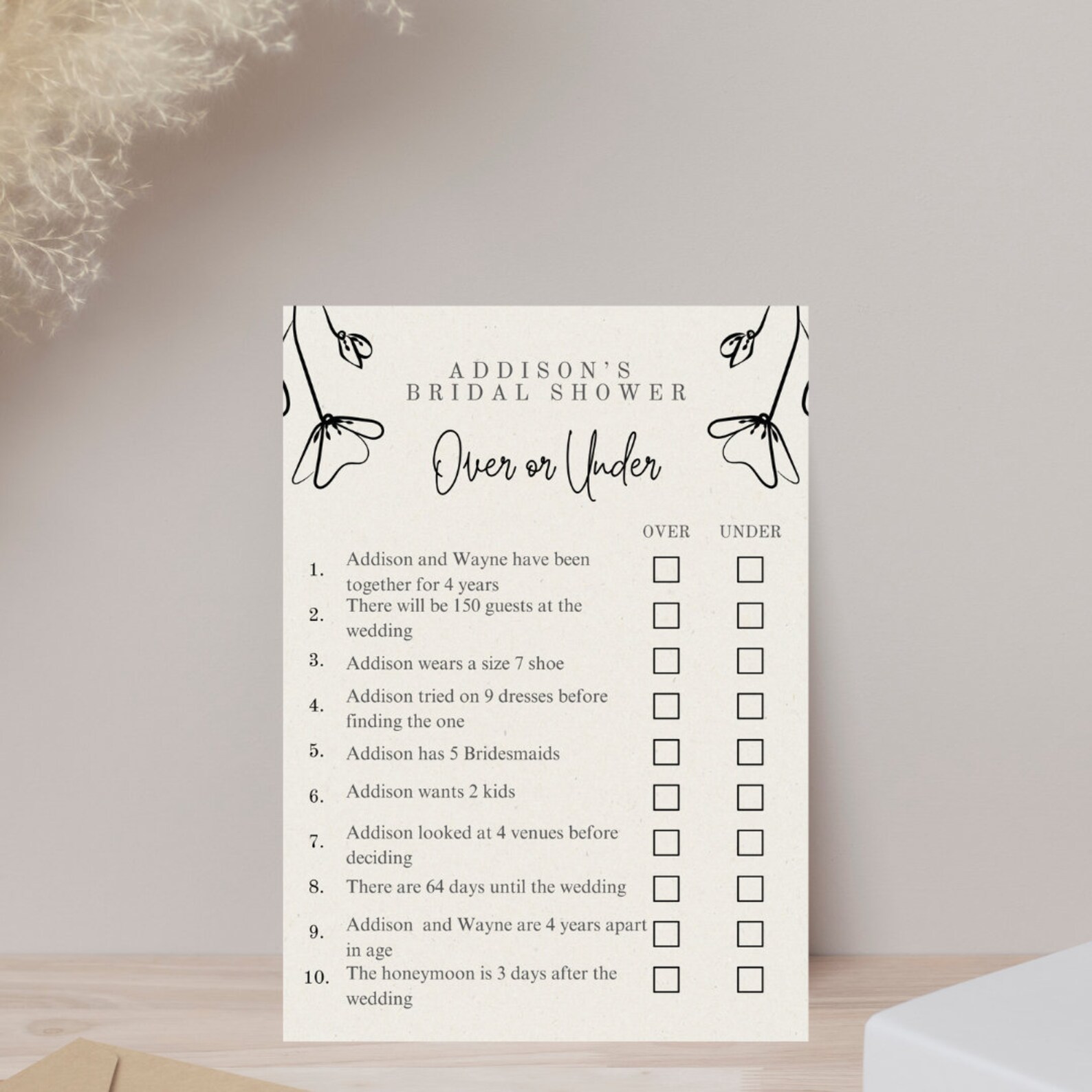 Bridal Shower Games Over or Under Bridal Shower Game Custom Bridal ...