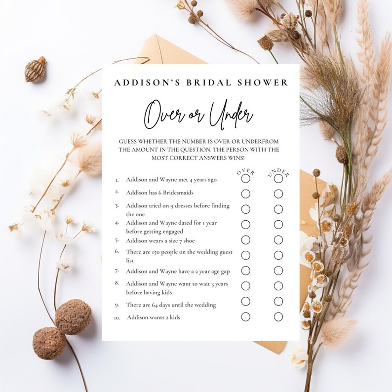 Bridal Shower Game Over or Under Fun Bridal Shower Game Template Over ...