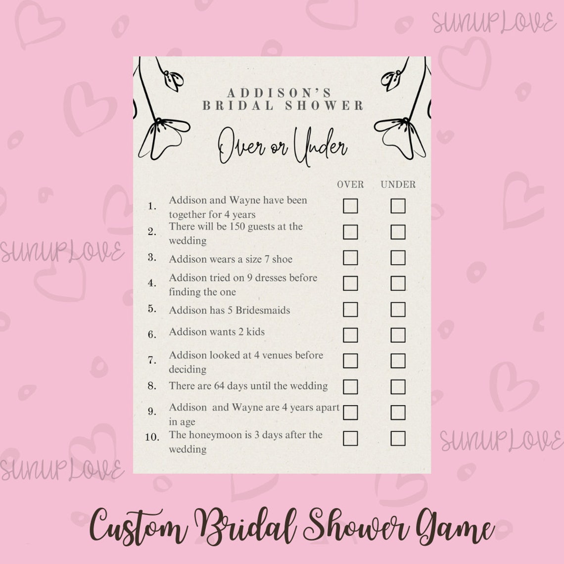 Bridal Shower Games Over or Under Bridal Shower Game Custom Bridal ...
