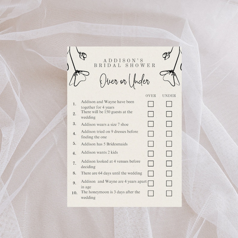 Bridal Shower Games Over or Under Bridal Shower Game Custom Bridal ...
