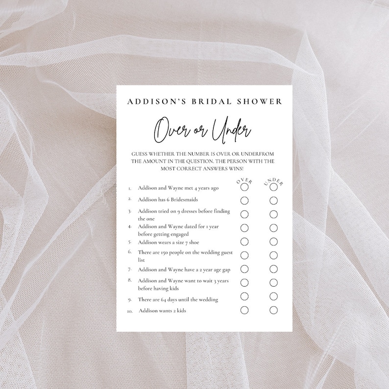 Bridal Shower Game Over or Under Fun Bridal Shower Game Template Over ...
