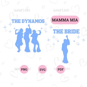 May include: Three blue silhouettes of women singing, with the text "THE DYNAMOS" above them. On the right side of the image is a blue silhouette of a woman with the text "MAMMA MIA THE BRIDE" above her.