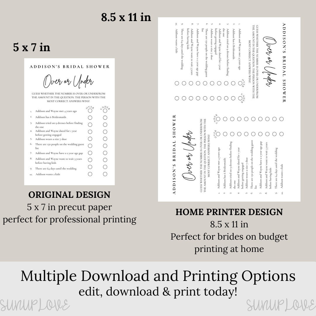 Bridal Shower Game Over or Under Fun Bridal Shower Game Template Over ...