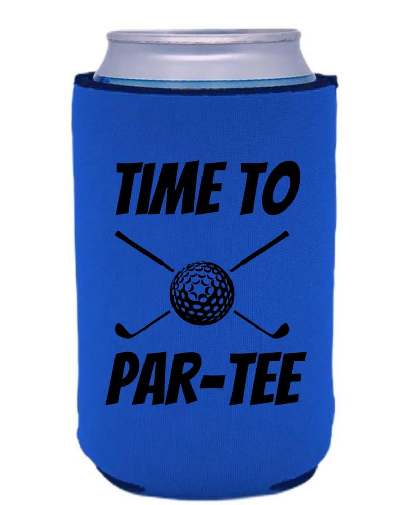 May include: Blue can cooler with the text "TIME TO PAR-TEE" and a golf ball and crossed golf clubs graphic.