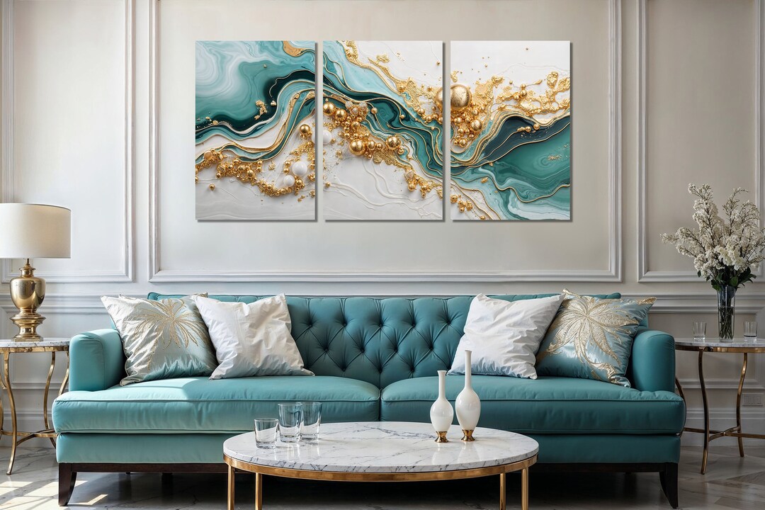 View of Extra Large Wall Art Set, 3 Piece Luxury Wall Decor, Mint Green and ...