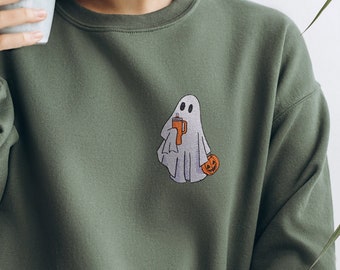 Embroidered Halloween Sweatshirt | Embroidered Ghost Sweatshirt | Women's Halloween Sweatshirt | Halloween Gift | Halloween Ghost Sweater
