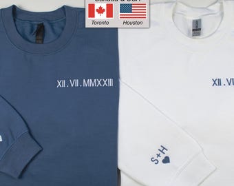 Sudadera con números romanos, iniciales en la manga, sudadera a juego para pareja, números romanos bordados, sudadera con fecha