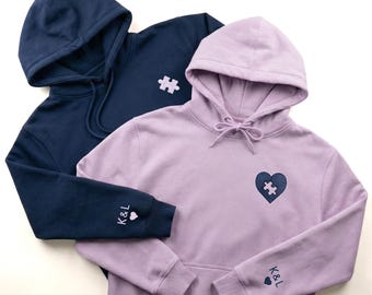 Heart and Puzzle Piece Hoodie, Embroidered Couples Hoodie,  Initials on Sleeves, Matching Valentines Day Gift, Anniversary Gift For Him
