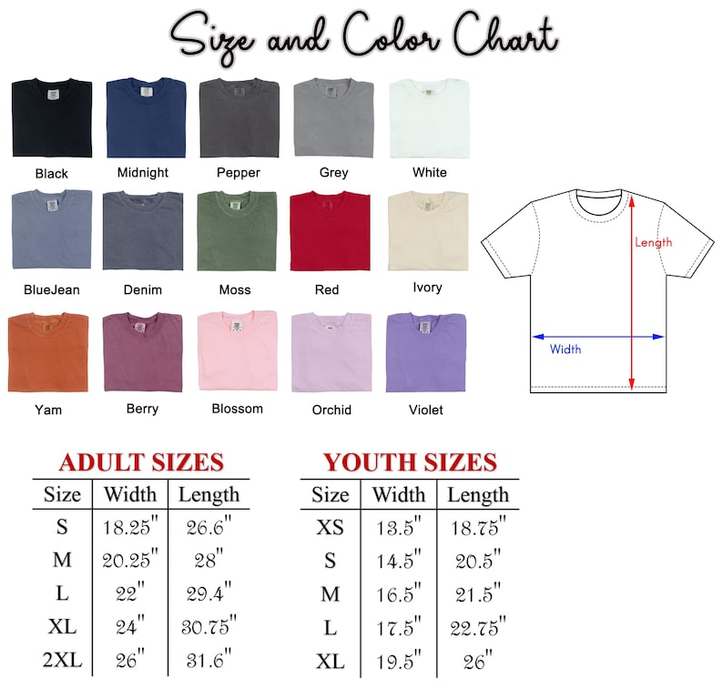 Puede incluir: Una tabla de tallas y colores para camisetas, que muestra varios colores como negro, rojo y violeta. La tabla incluye tallas para adultos y j&oacute;venes con medidas de ancho y largo en pulgadas. El texto "Size and Color Chart" est&aacute; en la parte superior.
