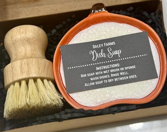 Handmade Solid Dish Soap with Glass Pumpkin Bowl, Loofah, Essential Oils