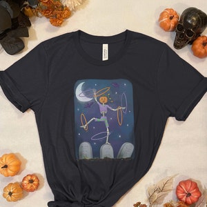 Hula Hooping Skeleton Pumpkin T-Shirt, Hula Hoop Dancer Shirt, Halloween Shirt, Skeleton Hooping in Graveyard Shirt, Hula Hoop T Shirt