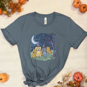 May include: A teal blue t-shirt with a graphic of a dog and cat wearing witch hats and pumpkins. The graphic is set against a backdrop of a crescent moon, a tree, and stars.