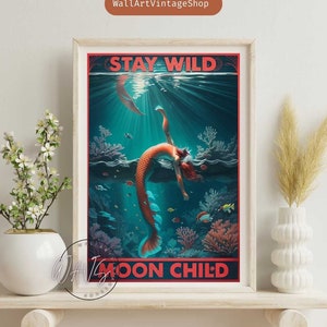 Cartel infantil de la luna salvaje de la estancia de la sirena, impresiones vintage del océano en la noche, decoración del arte de la pared del cartel de la sirena vintage, chica para ella, cartel de la sirena