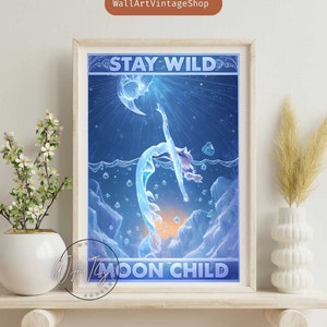 Cartel infantil de la luna salvaje de la estancia de la sirena, impresiones vintage del océano en la noche, decoración del arte de la pared del cartel de la sirena vintage, chica para ella, cartel de la sirena
