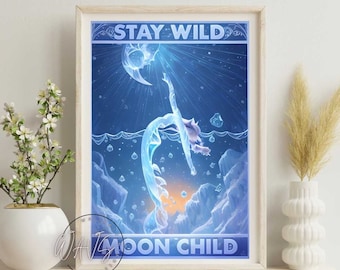 Mermaid Stay Wild Moon Child Poster, Vintage Ocean In Night Prints, Vintage Mermaid Poster Wall Art Decor, Girl for Her, Mermaid Poster