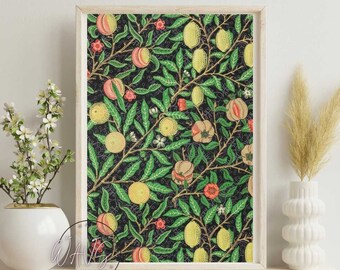 May include: A vintage botanical print featuring a repeating pattern of lemons, peaches, and pomegranate flowers on a black background. The print is framed in a light wood frame.