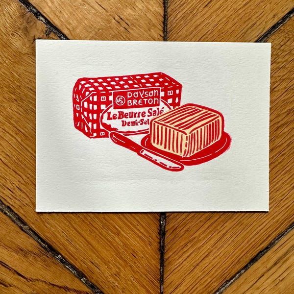 Estampe en linogravure sculptée à la main : Illustration de beurre salé français (A6)
