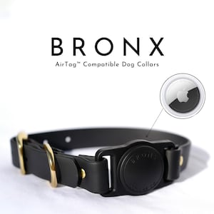 Waterproof Vegan Leather Airtag Dog Collar Black with gold brass hardware. Luxury dog collar compatible with AirTag to track dog’s location