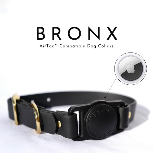 Luxury Waterproof AirTag Dog Collar: Black & Gold, Brass Hardware, Secure Airtag Holder. Stink-Proof Anti-Theft
