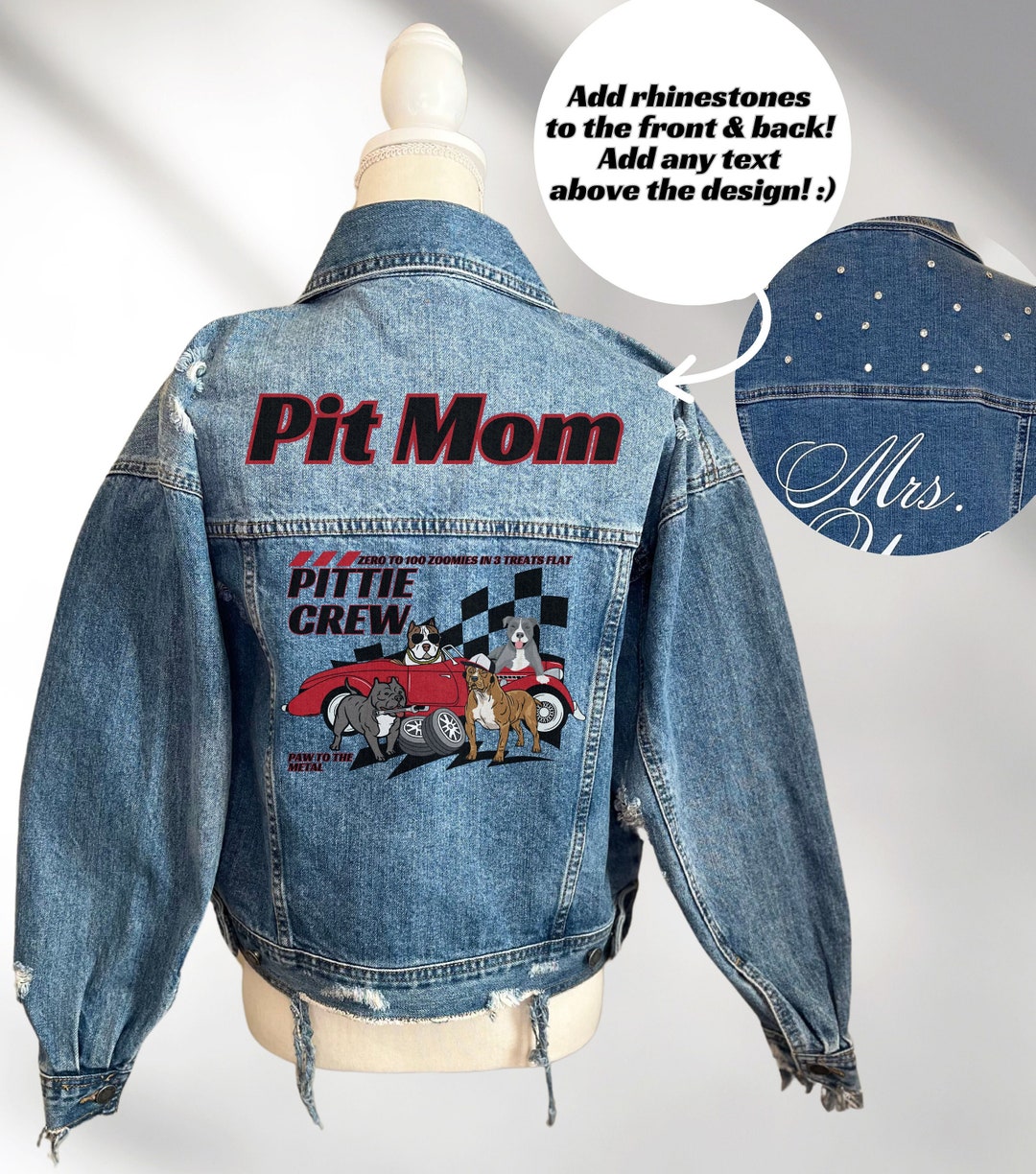 Pit Mom Denim Jacket, Pitbull Racing Jean Jacket, Pittie Crew Custom