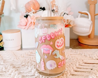 Cute Retro Pink Halloween Pastel Beer Can Shaped Glass Cup | Spooky Ghosts Pumpkin Iced Coffee Cup or Mug | Mom and Best Friend Gift