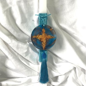 Blue/ Copper Resin Cross Square Lambatha Orthodox Easter Candle 40cm LARGE image 1