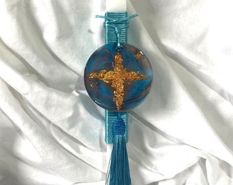 Blue/ Copper Resin Cross Square Lambatha Orthodox Easter Candle 40cm (LARGE)