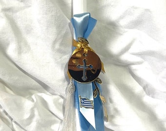 Hellenic Flag & Cross (Gold/ Blue) Lambatha Orthodox Easter Candle 40cm (LARGE)