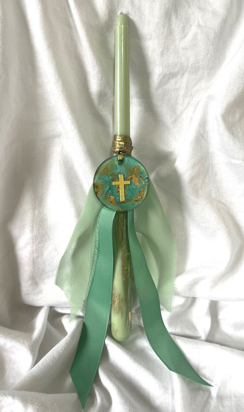 Green Resin Cross Lambatha Orthodox Easter Candle 30cm image 2