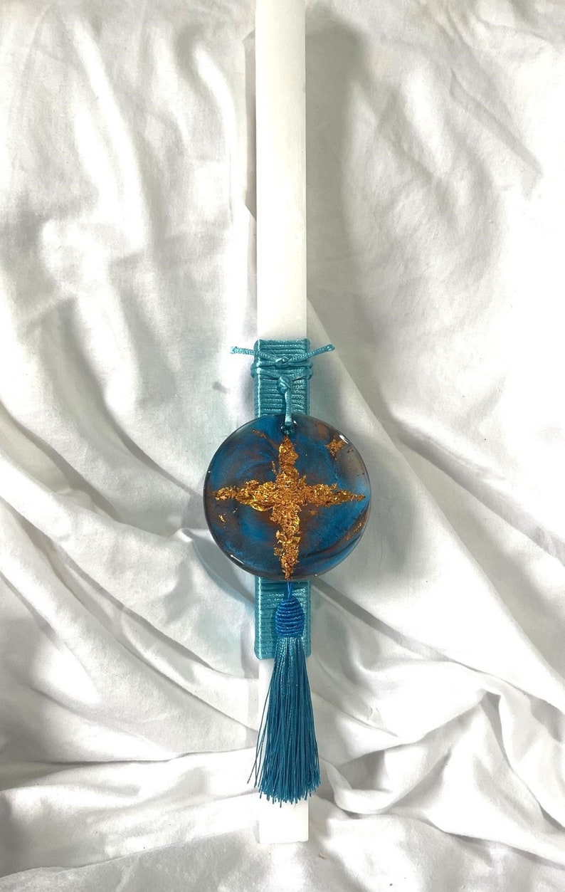 Blue/ Copper Resin Cross Square Lambatha Orthodox Easter Candle 40cm LARGE image 1