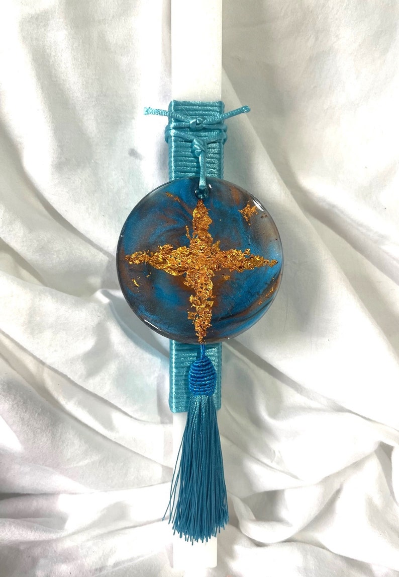 Blue/ Copper Resin Cross Square Lambatha Orthodox Easter Candle 40cm LARGE image 2