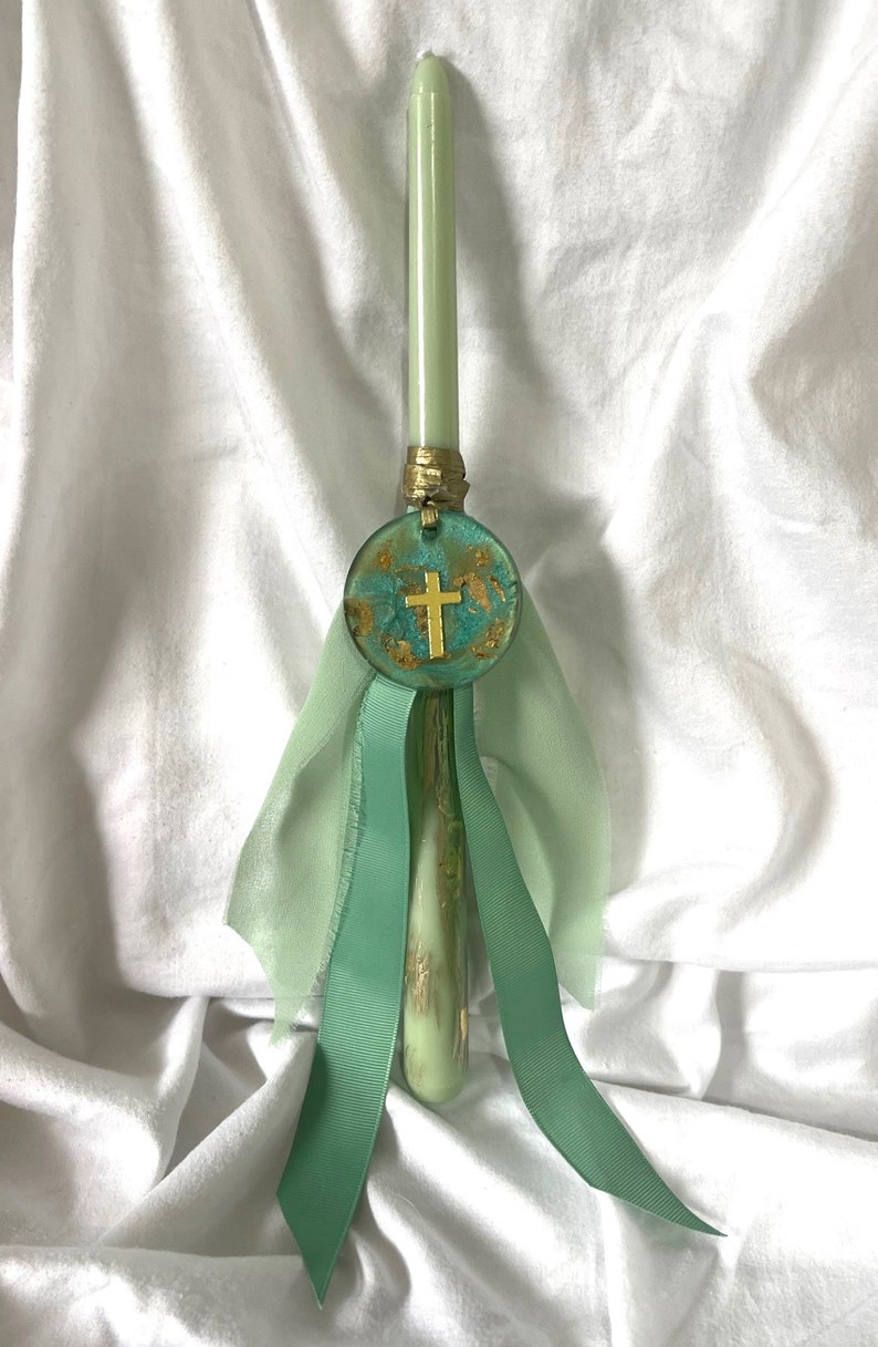 Green Resin Cross Lambatha Orthodox Easter Candle 30cm image 1